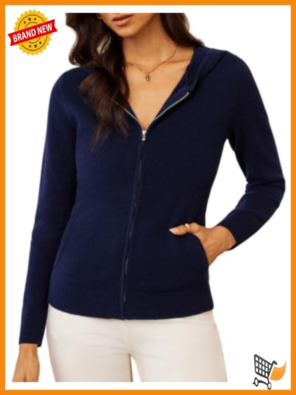 100% Merino Wool Zip Up Hooded Cardigan Sweater with Pockets
